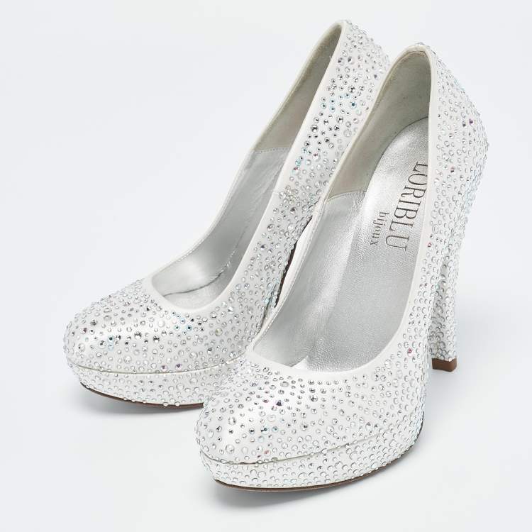 Pre Owned Loriblu Silver Satin Crystal Embellished Platform Pumps Size 36.5