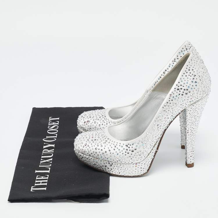 Pre Owned Loriblu Silver Satin Crystal Embellished Platform Pumps Size 36.5