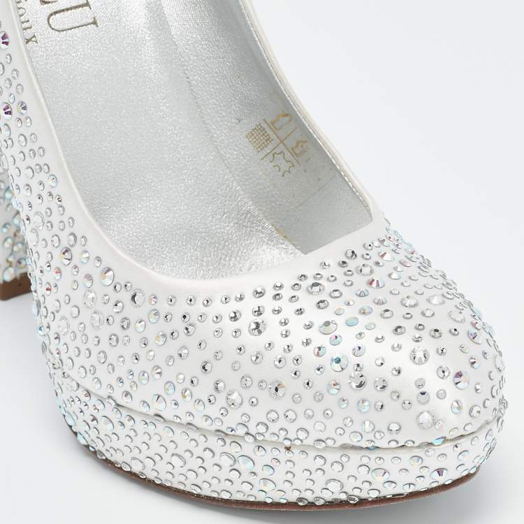 Pre Owned Loriblu Silver Satin Crystal Embellished Platform Pumps Size 36.5