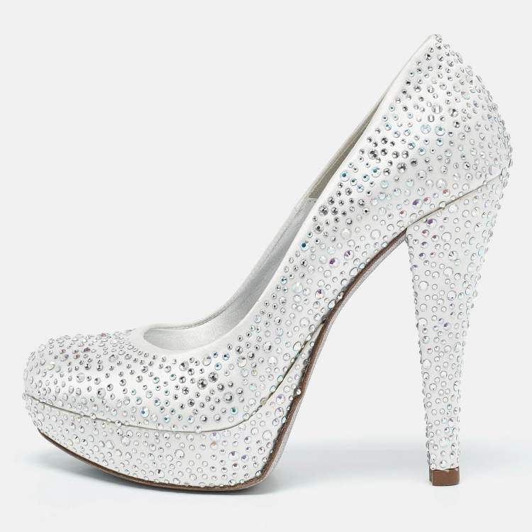 Pre Owned Loriblu Silver Satin Crystal Embellished Platform Pumps Size 36.5