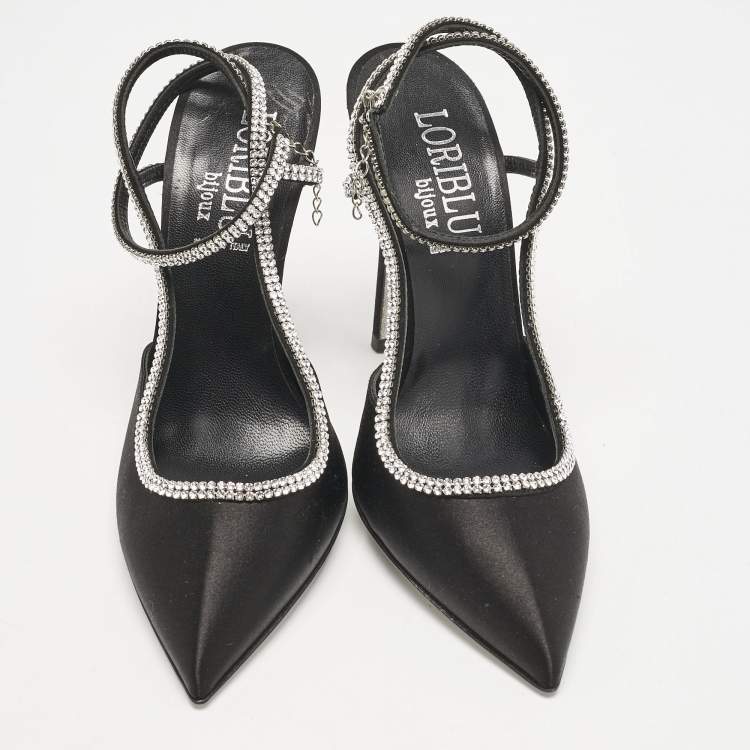 Pre Owned Loriblu Black Satin Crystals Embellished Ankle Strap Pumps Size 37