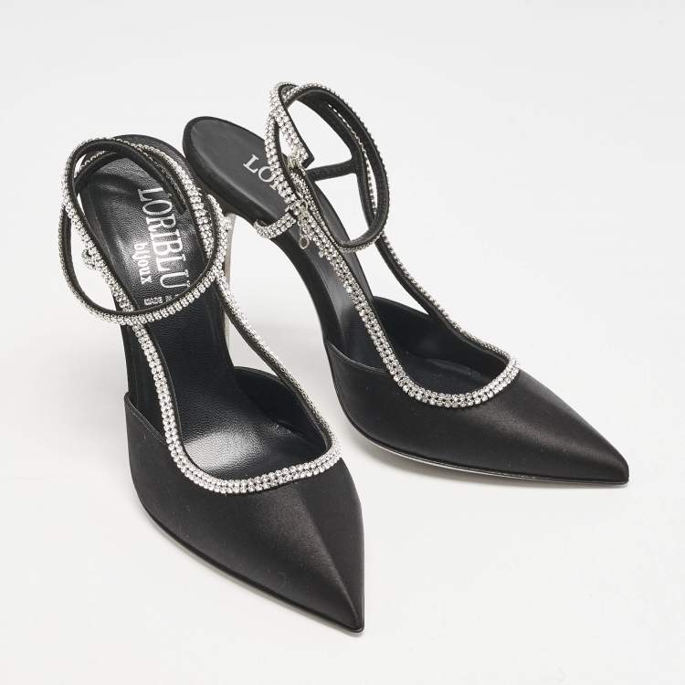 Pre Owned Loriblu Black Satin Crystals Embellished Ankle Strap Pumps Size 37