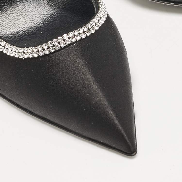 Pre Owned Loriblu Black Satin Crystals Embellished Ankle Strap Pumps Size 37