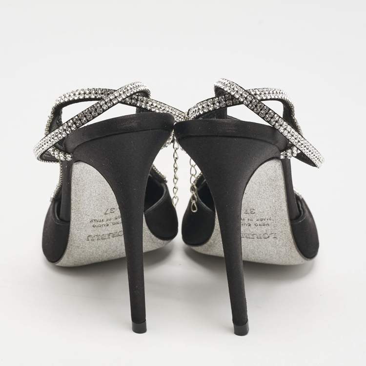 Pre Owned Loriblu Black Satin Crystals Embellished Ankle Strap Pumps Size 37