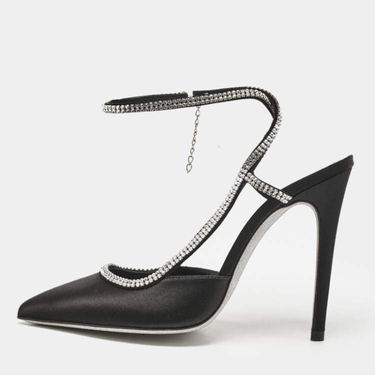 Pre Owned Loriblu Black Satin Crystals Embellished Ankle Strap Pumps Size 37
