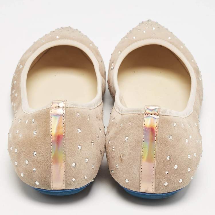 Pre Owned Loriblu Beige Suede Crystal Embellished Ballet Flats Size 36