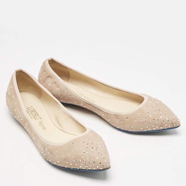 Pre Owned Loriblu Beige Suede Crystal Embellished Ballet Flats Size 36
