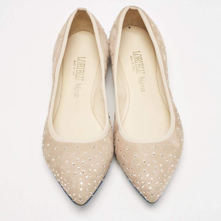 Pre Owned Loriblu Beige Suede Crystal Embellished Ballet Flats Size 36