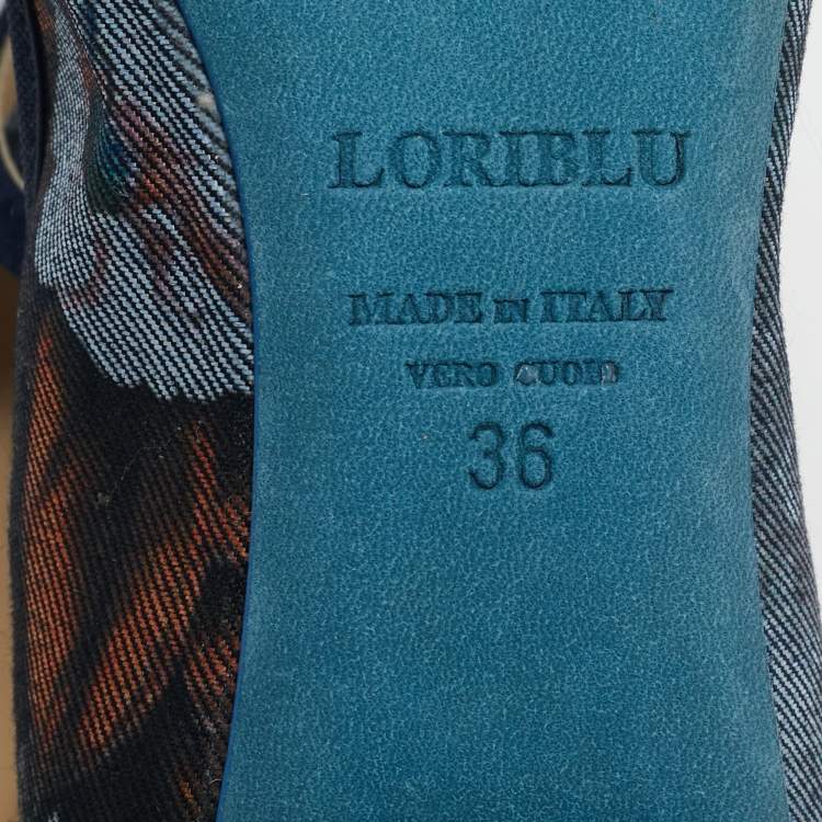 Pre Owned Loriblu Multicolor Floral Print Denim and Glitter Ankle Strap Ballet Flats Size 36