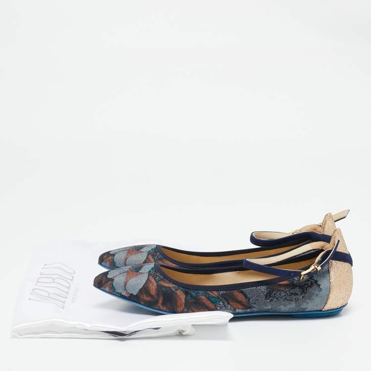Pre Owned Loriblu Multicolor Floral Print Denim and Glitter Ankle Strap Ballet Flats Size 36