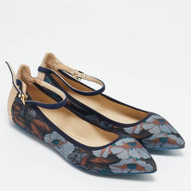 Pre Owned Loriblu Multicolor Floral Print Denim and Glitter Ankle Strap Ballet Flats Size 36