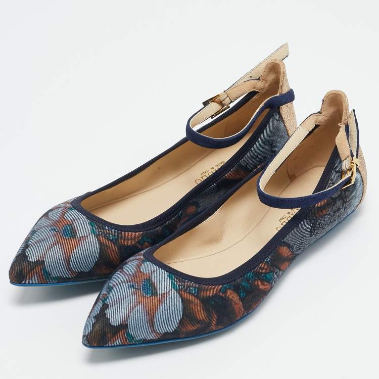 Pre Owned Loriblu Multicolor Floral Print Denim and Glitter Ankle Strap Ballet Flats Size 36