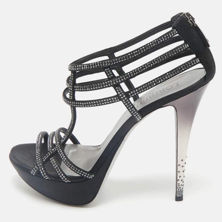 Pre Owned Loriblu Black Suede Crystal Embellished Platform Sandals Size 40
