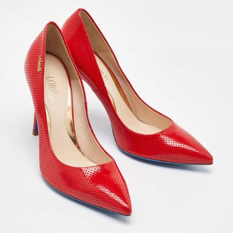 Pre Owned Loriblu Red Perforated Patent Leather Pointed Toe Pumps Size 38