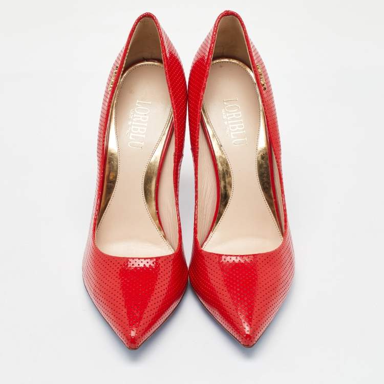Pre Owned Loriblu Red Perforated Patent Leather Pointed Toe Pumps Size 38