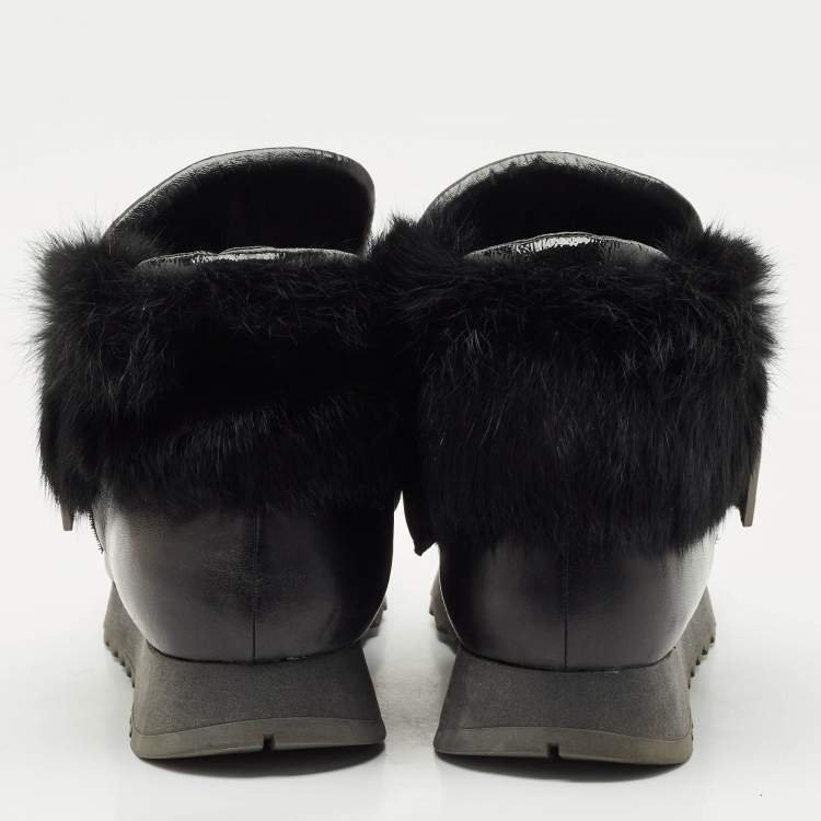 Pre Owned Loriblu Black Faux Fur and Leather Crystals Embellished Sneakers Size 41