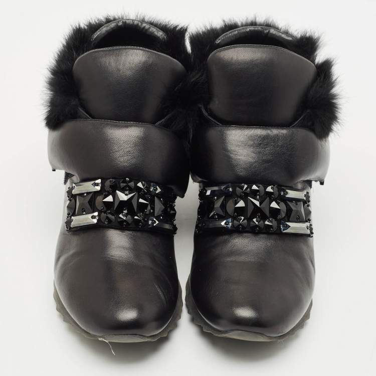 Pre Owned Loriblu Black Faux Fur and Leather Crystals Embellished Sneakers Size 41