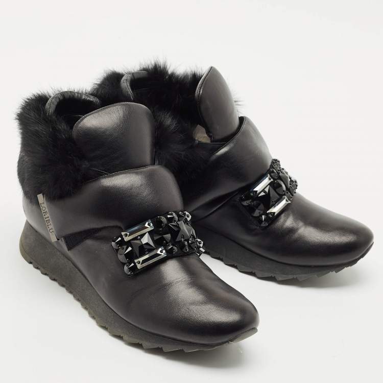 Pre Owned Loriblu Black Faux Fur and Leather Crystals Embellished Sneakers Size 41