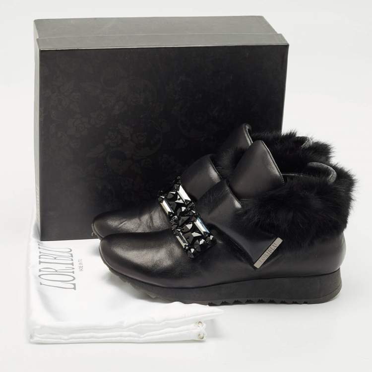 Pre Owned Loriblu Black Faux Fur and Leather Crystals Embellished Sneakers Size 41
