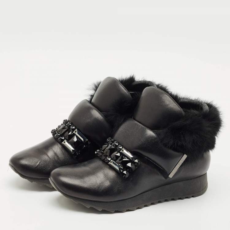 Pre Owned Loriblu Black Faux Fur and Leather Crystals Embellished Sneakers Size 41