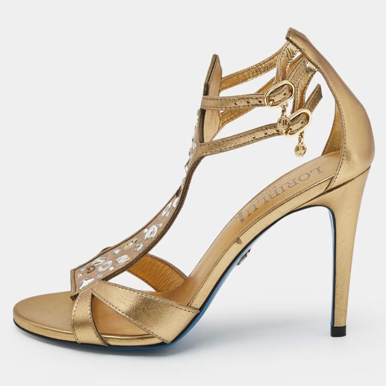 Pre Owned Loriblu Gold Leather Crystal Embellished Ankle Strap Sandals Size 38