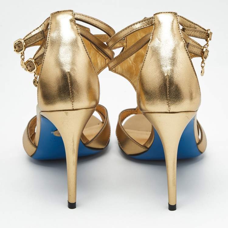 Pre Owned Loriblu Gold Leather Crystal Embellished Ankle Strap Sandals Size 38