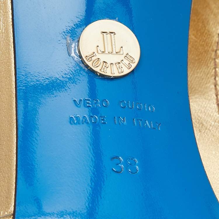 Pre Owned Loriblu Gold Leather Crystal Embellished Ankle Strap Sandals Size 38
