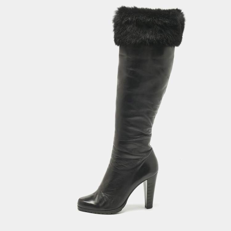 Pre Owned Loriblu Black Rabbit Fur and Leather Knee Length Boots Size 40.5