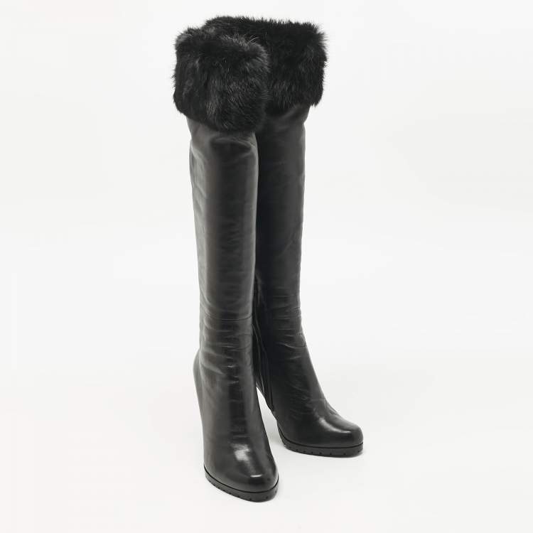 Pre Owned Loriblu Black Rabbit Fur and Leather Knee Length Boots Size 40.5