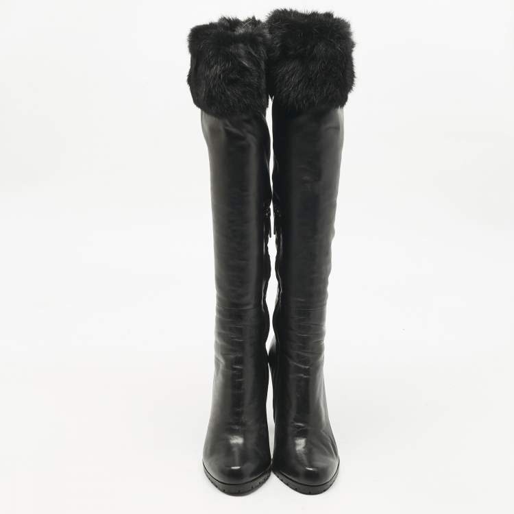 Pre Owned Loriblu Black Rabbit Fur and Leather Knee Length Boots Size 40.5