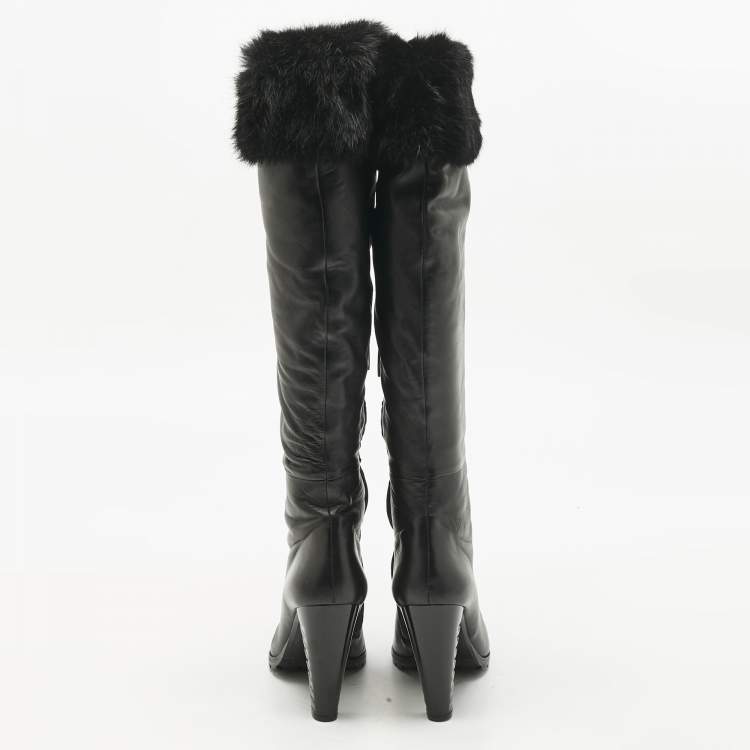 Pre Owned Loriblu Black Rabbit Fur and Leather Knee Length Boots Size 40.5