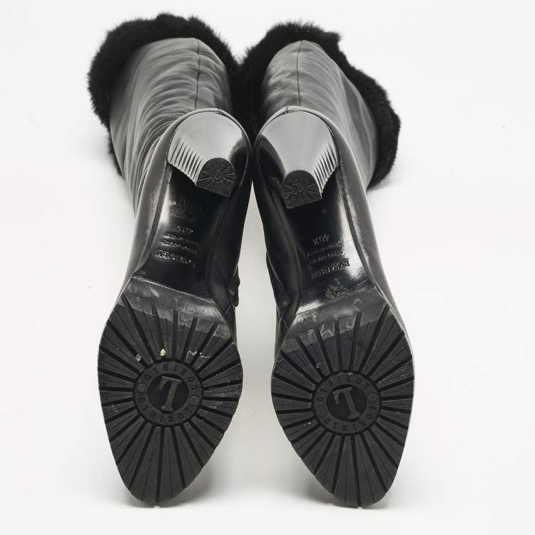 Pre Owned Loriblu Black Rabbit Fur and Leather Knee Length Boots Size 40.5