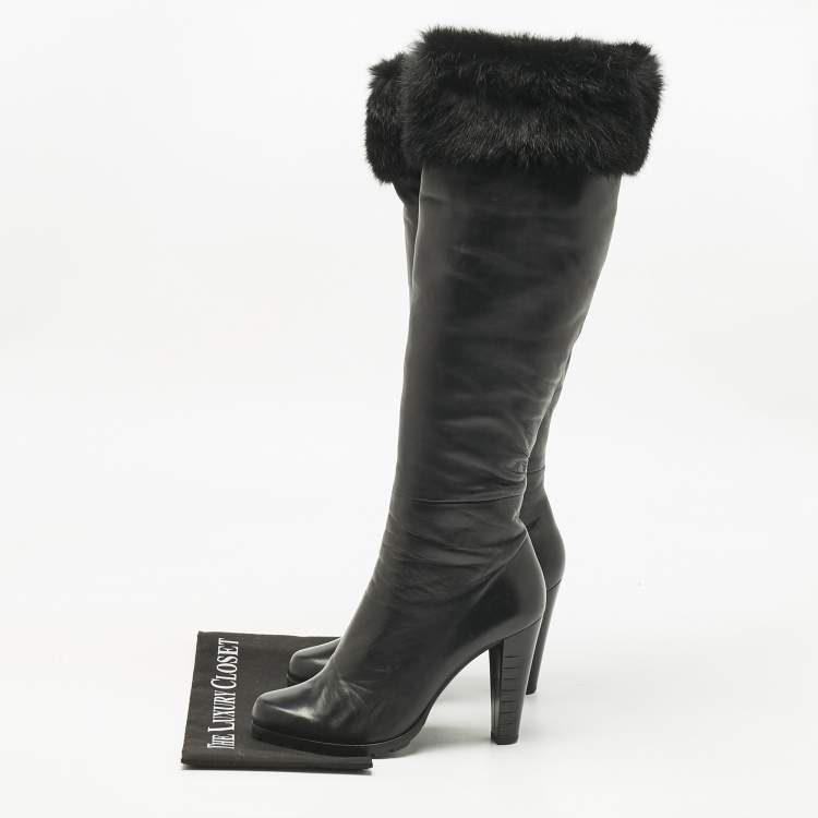 Pre Owned Loriblu Black Rabbit Fur and Leather Knee Length Boots Size 40.5