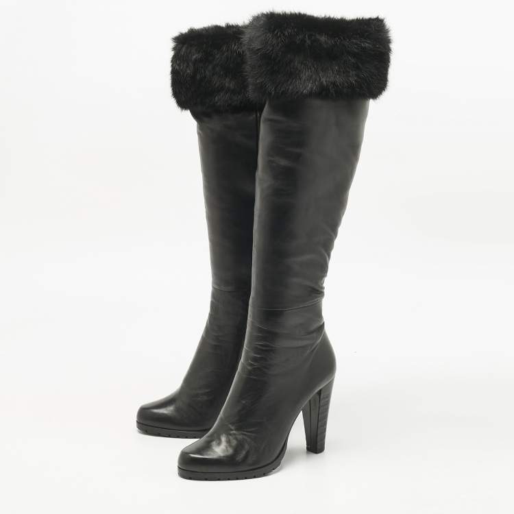 Pre Owned Loriblu Black Rabbit Fur and Leather Knee Length Boots Size 40.5