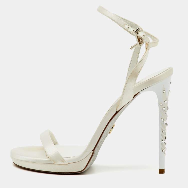 Pre Owned Loriblu White Satin Crystal Embellished Heel Ankle Strap Sandals Size 38
