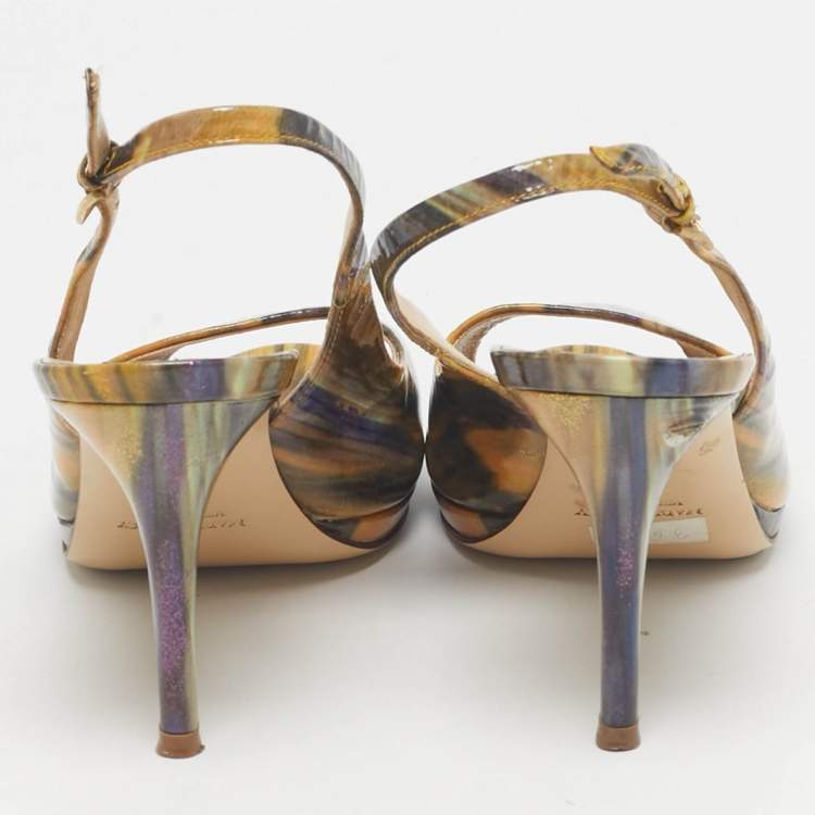 Pre Owned Loriblu Multicolor Patent Leather Peep Toe Slingback Pumps Size 37
