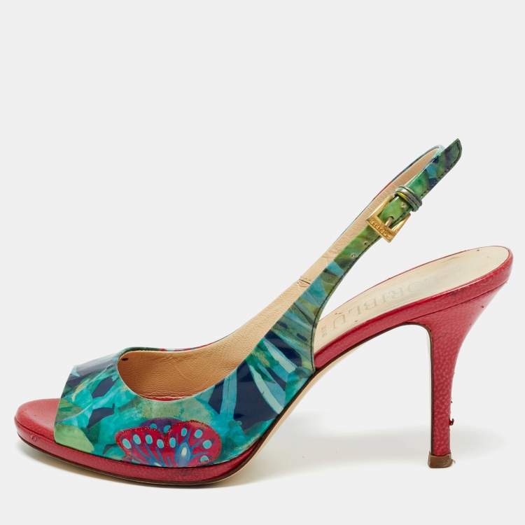 Pre Owned Loriblu Multicolor Patent Leather Printed Flower Peep Toe Slingback Pumps Size 36