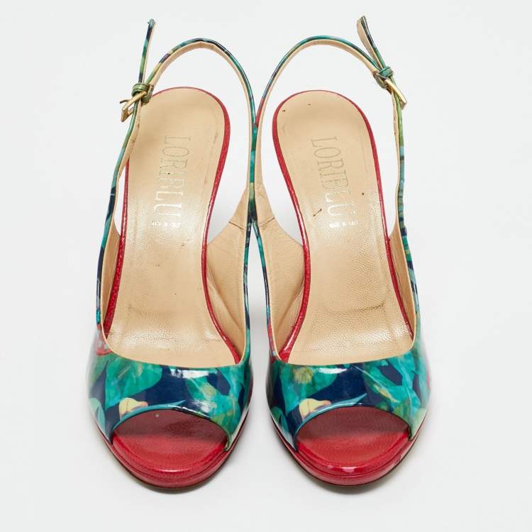 Pre Owned Loriblu Multicolor Patent Leather Printed Flower Peep Toe Slingback Pumps Size 36