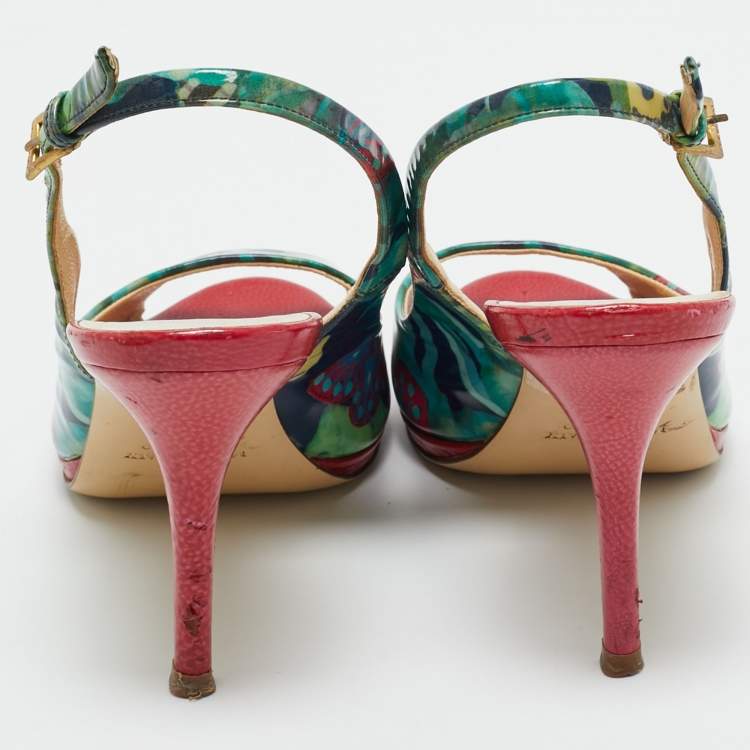 Pre Owned Loriblu Multicolor Patent Leather Printed Flower Peep Toe Slingback Pumps Size 36