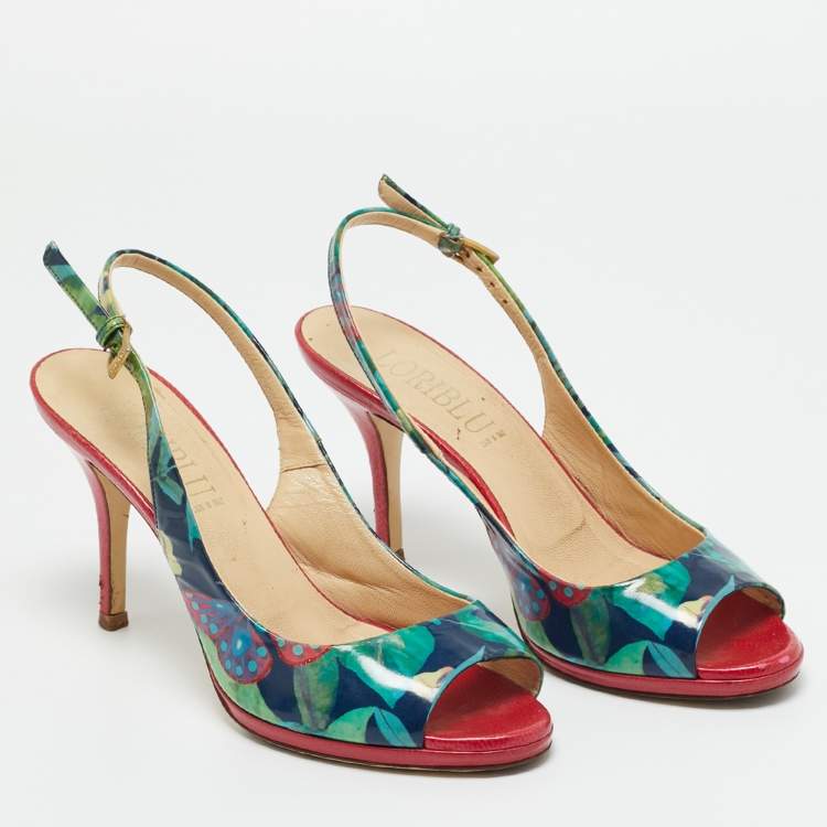 Pre Owned Loriblu Multicolor Patent Leather Printed Flower Peep Toe Slingback Pumps Size 36