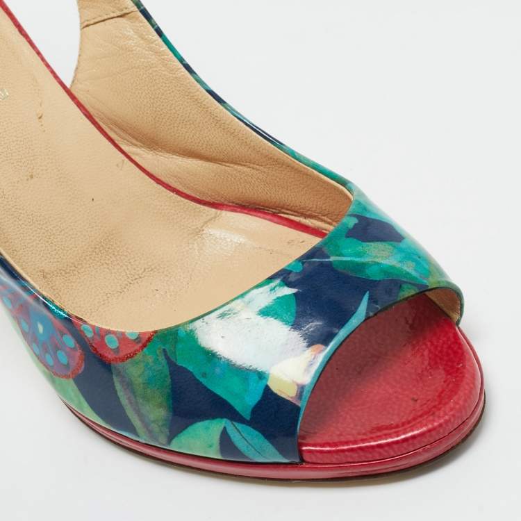 Pre Owned Loriblu Multicolor Patent Leather Printed Flower Peep Toe Slingback Pumps Size 36