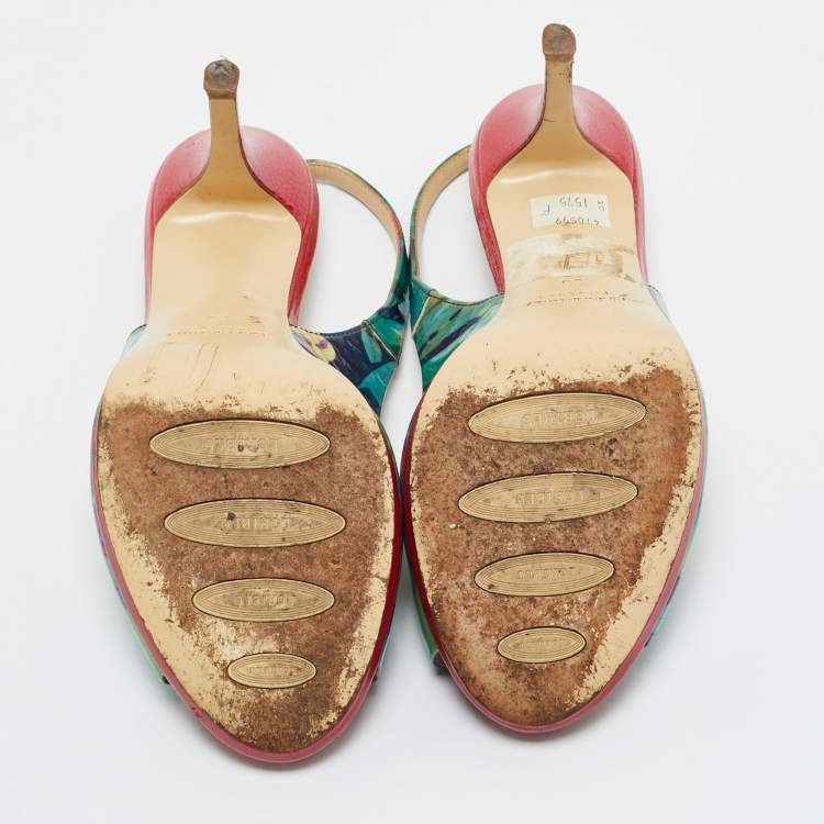 Pre Owned Loriblu Multicolor Patent Leather Printed Flower Peep Toe Slingback Pumps Size 36