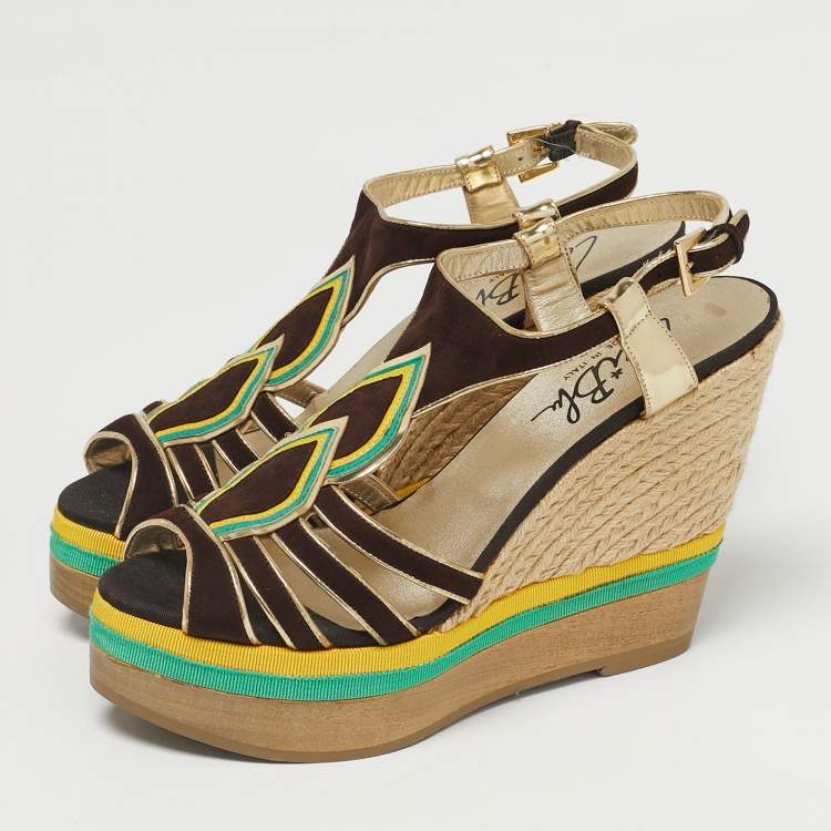 Pre Owned Loriblu Multicolor Leather and Suede Wedge Sandals Size 40