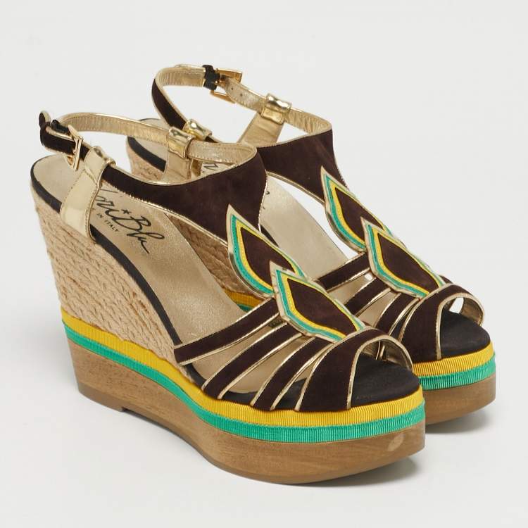 Pre Owned Loriblu Multicolor Leather and Suede Wedge Sandals Size 40