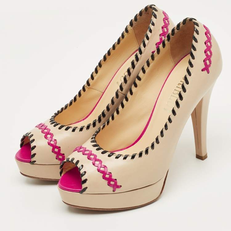 Pre Owned Loriblu Beige Leather Peep Toe Colorblock Pumps Size 38