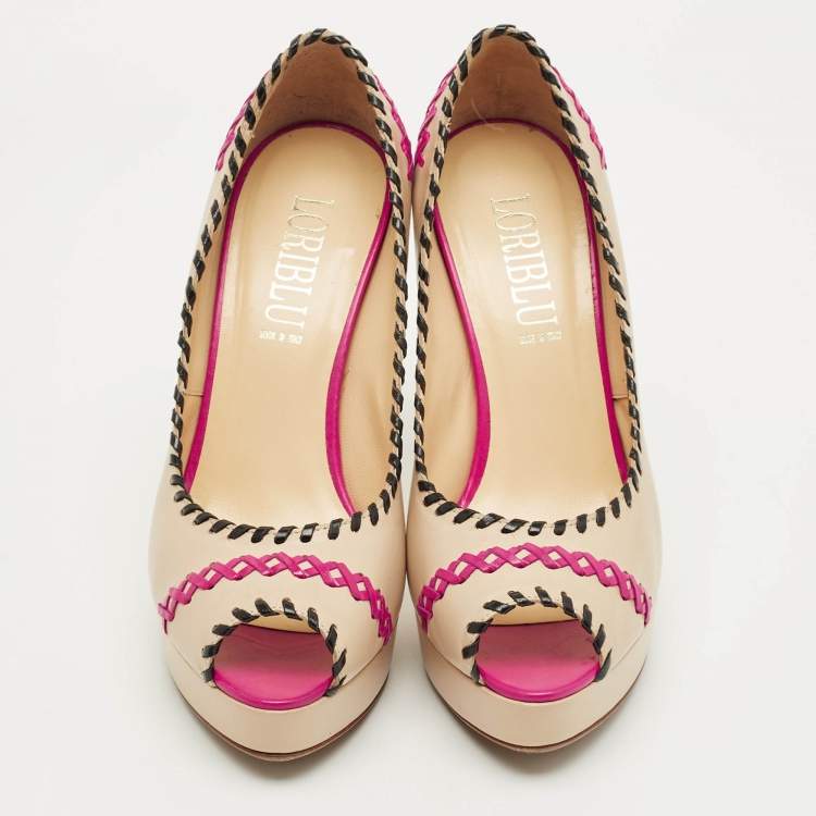 Pre Owned Loriblu Beige Leather Peep Toe Colorblock Pumps Size 38