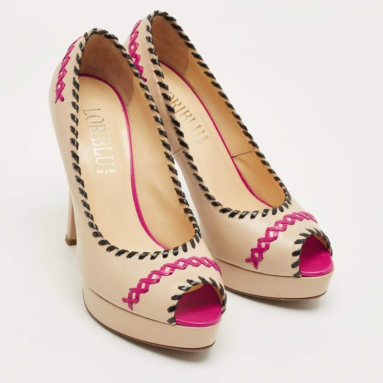 Pre Owned Loriblu Beige Leather Peep Toe Colorblock Pumps Size 38