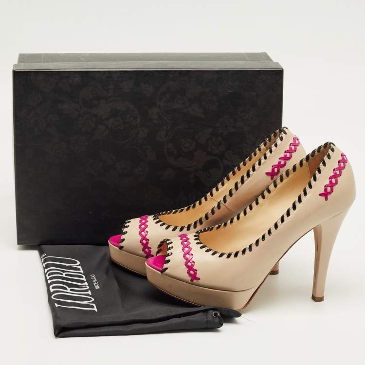 Pre Owned Loriblu Beige Leather Peep Toe Colorblock Pumps Size 38