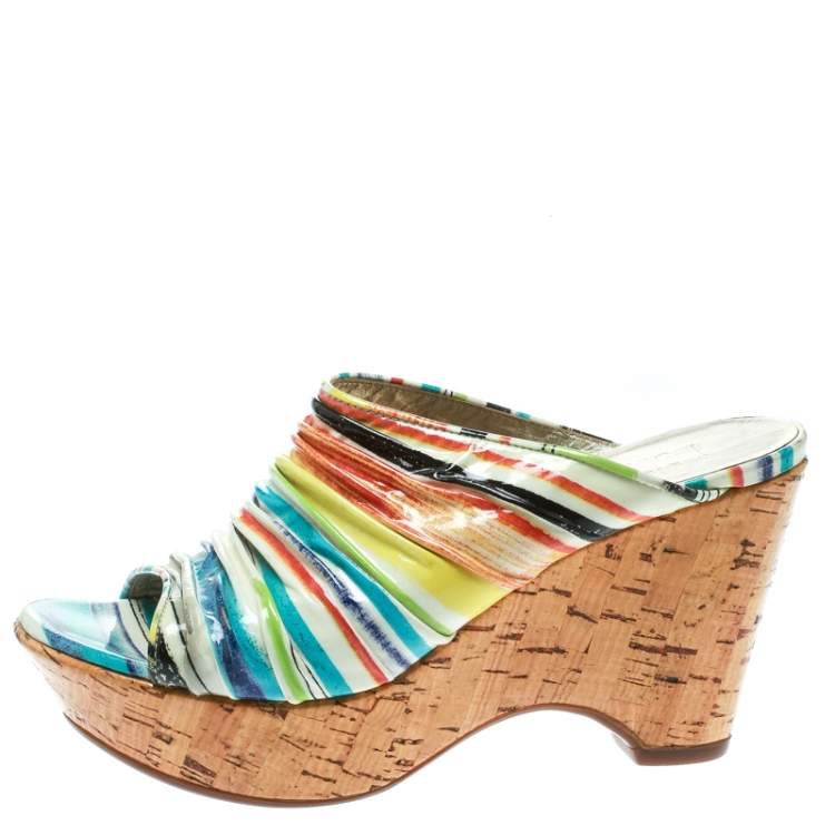 Pre Owned Loriblu Multicolor Patent Leather Wedge Sandals Size 38