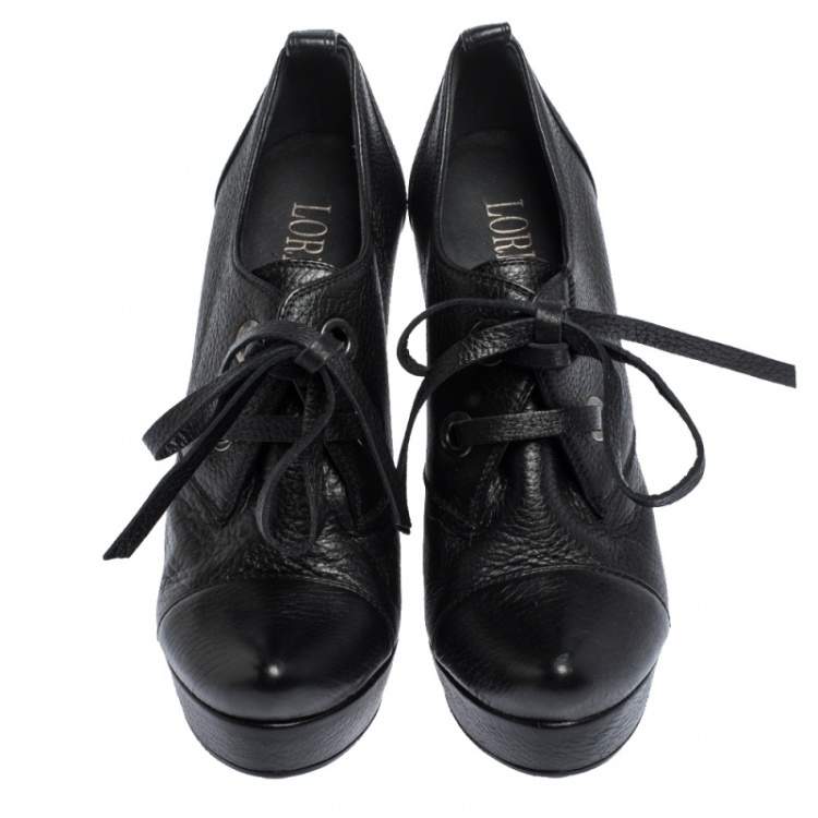 Pre Owned  Loriblu Black Leather Oxford Platform Booties Size 38